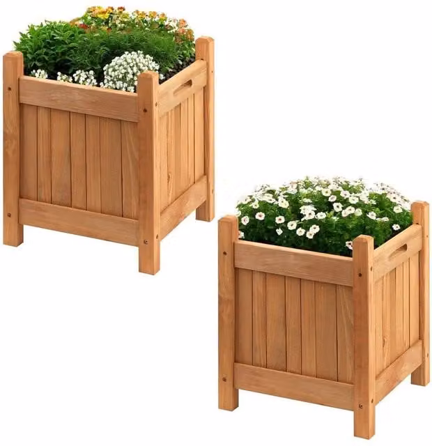 Kelvenix Set of 2 Brown Wooden Square Planter Tubs W/D/H: 30 x 30 x 38 cm