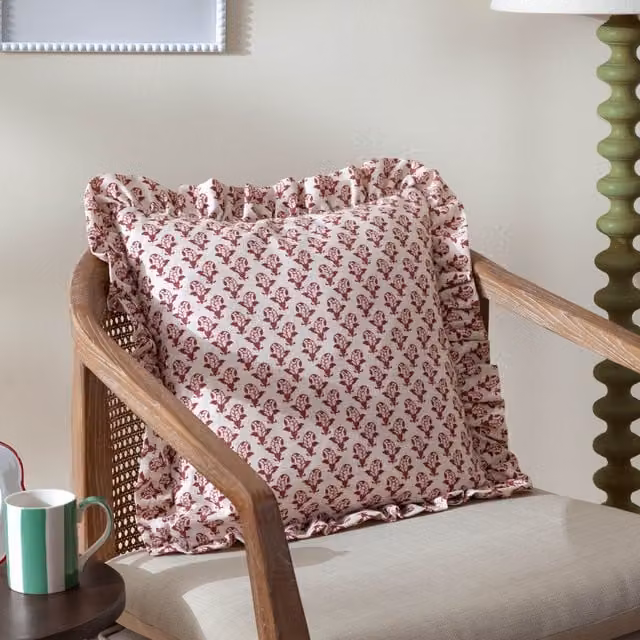 Furn Lulah Red Block Printed Ruffle Linen Square Cushion, W/D/H: 45 x 45 x 45 cm