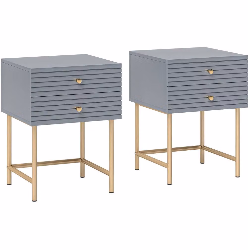 STILVORA Set of 2 Grey Bedside Tables with 2 Drawers and Gold Accents – 2