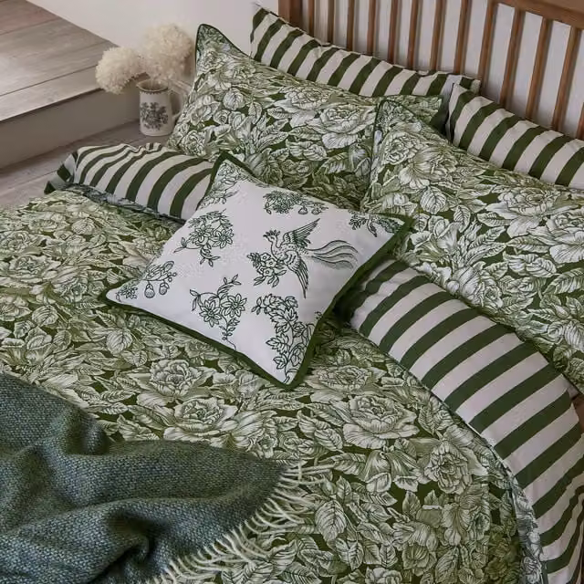 Bedeck of Belfast Burleigh Hibiscus Double Duvet Cover Set, Green Cotton Percale Floral Design, W: 140 cm, L: 200 cm – 1