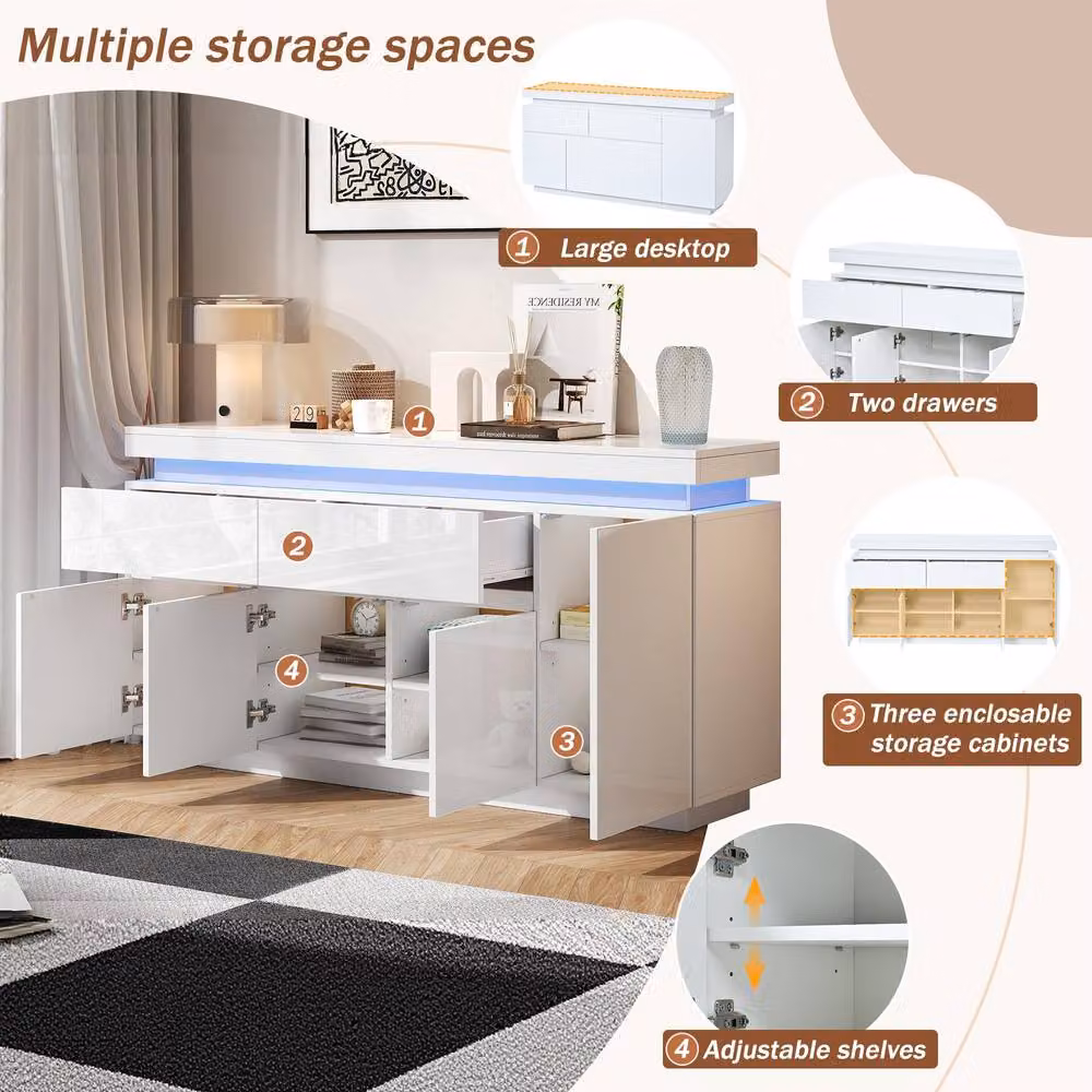 Rolipo White High Gloss Modern Sideboard with Integrated LED Lights, 4 Doors and 2 Drawers, W: 140 cm, H: 72.5 cm, D: 40 cm – 3