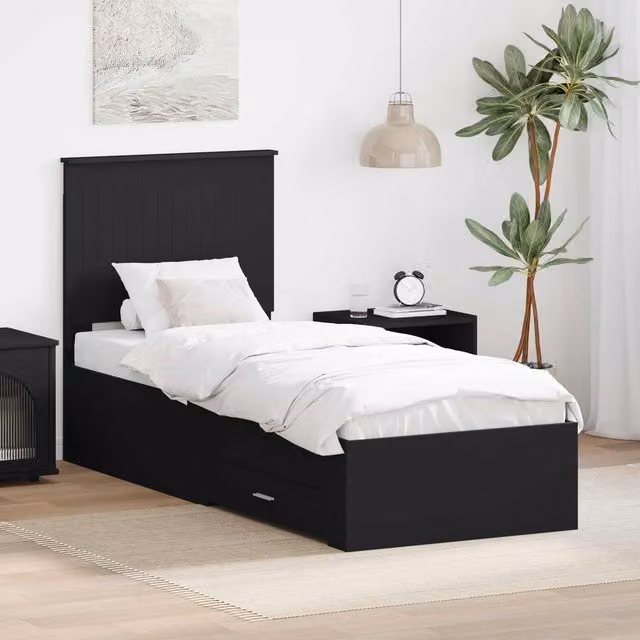 Berkfield Home Modern Black and Silver Engineered Wood Bed Frame with Drawers W/D/H: 70 x 190 cm