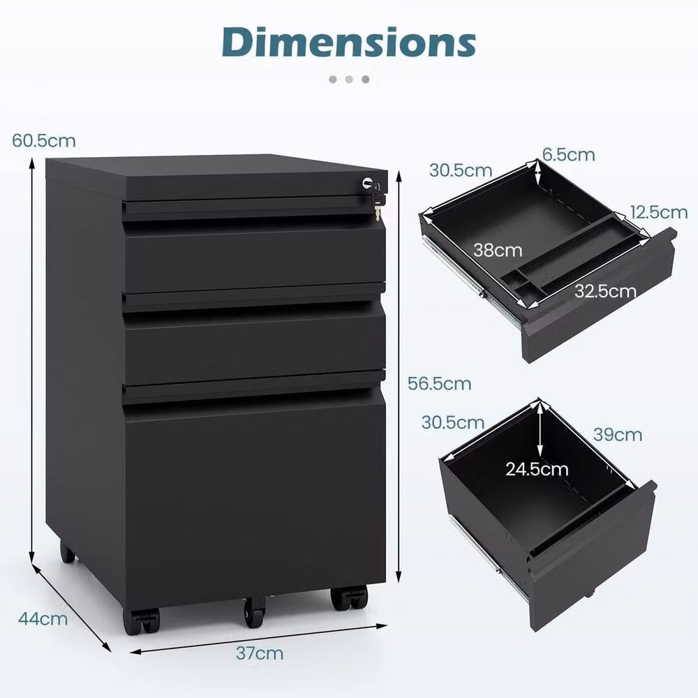 Kelvenix 3-Drawer Mobile File Cabinet in Black Metal with Lock and Castors – 2