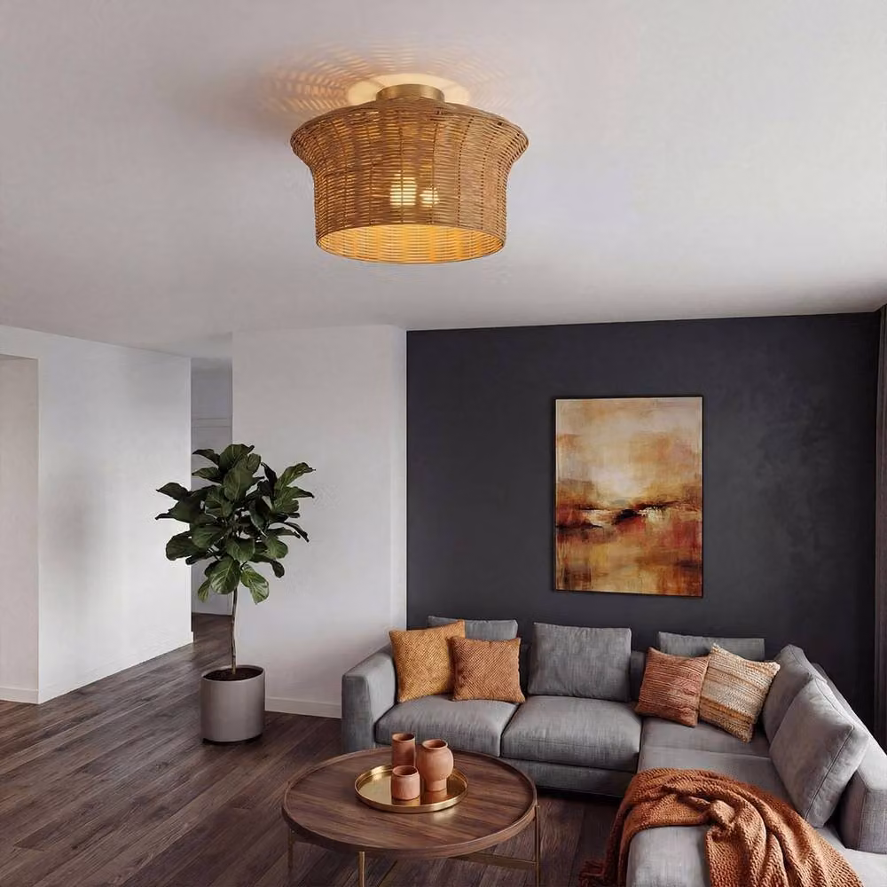 Netlighting Kai Flush Ceiling Light in Brushed Gold and Rattan – 2