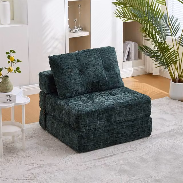Direct Wicker Emerald Green Chenille Tufted Folding Sofa Bed with Pillow and Back Support – 1