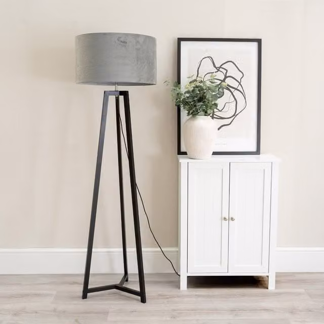 Lottie Modern Wood Floor Lamp with Fabric Cylinder Shade in Grey