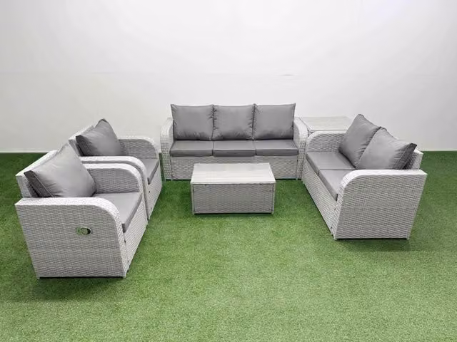 Fimous PE Rattan Garden Furniture Set in Light Grey with Adjustable Chairs, Double Love Seat, and Oblong Coffee Table