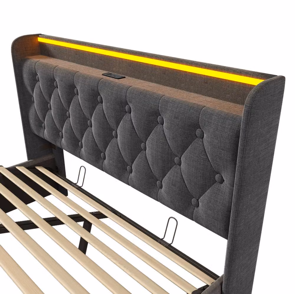 STILVORA Grey Upholstered Double Ottoman Bed with Storage, USB Charging Port and Bedside Shelf, W/D/H: 135 x 190 x 104 cm – 7