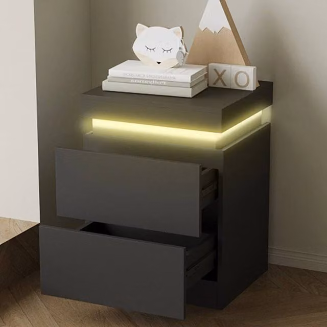 EONLION Modern Black 2-Drawer Bedside Table with Integrated LED Light, Width: 100 cm
