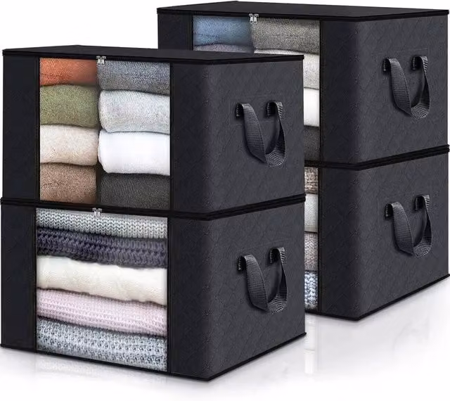 KORVIXA Set of 4 Black Fabric Clothes Storage Bags with Zips and Handles, W: 90 cm – 1