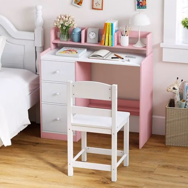 VOGREX Wooden Kids Study Desk, Chair and Shelf Set in Pink – 1