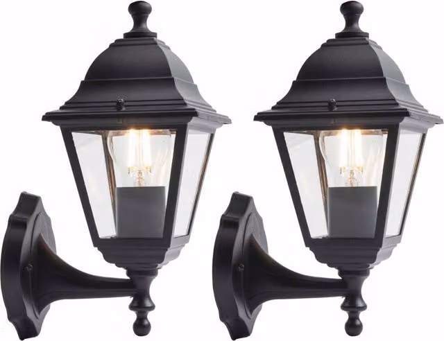 First Choice Lighting Set of 2 Cambridge Outdoor Wall Lanterns in Matt Black and Transparent Glass
