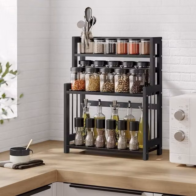 SONGMICS Premium 3 Tier Bamboo Countertop Storage Organiser in Black