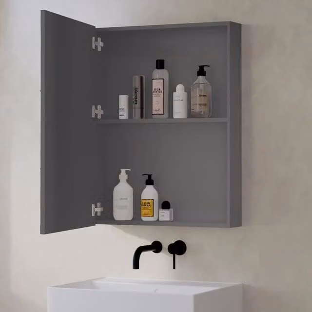Banyetti Lavio Grey Wall Mounted Mirror Cabinet with Soft Close Hinged Doors, W: 60 cm, H: 80 cm, D: 14 cm