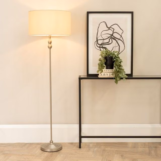 ValueLights Maggie Brushed Chrome Candlestick Floor Lamp with Natural Fabric Shade and LED Bulb