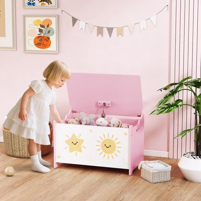 AIYAPLAY Pink Lacquered Toy Box with Safety Lid for Children