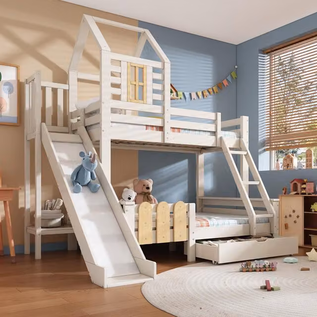 Aosom UK 3-in-1 Cabin-style Bunk Bed with Slide and Storage Drawer, White Solid Wood and MDF Frame, W: 189 cm, D: 240 cm, H: 230 cm – 1