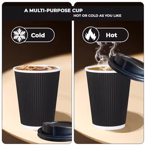 ECONX 500 Pack Disposable Triple Walled Paper Ripple Coffee Cups with Lids, 12oz, Black – 4