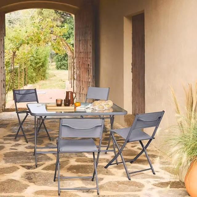 Sweek Folding Steel Garden Table and 4 Chairs Set in Dark Grey – 1