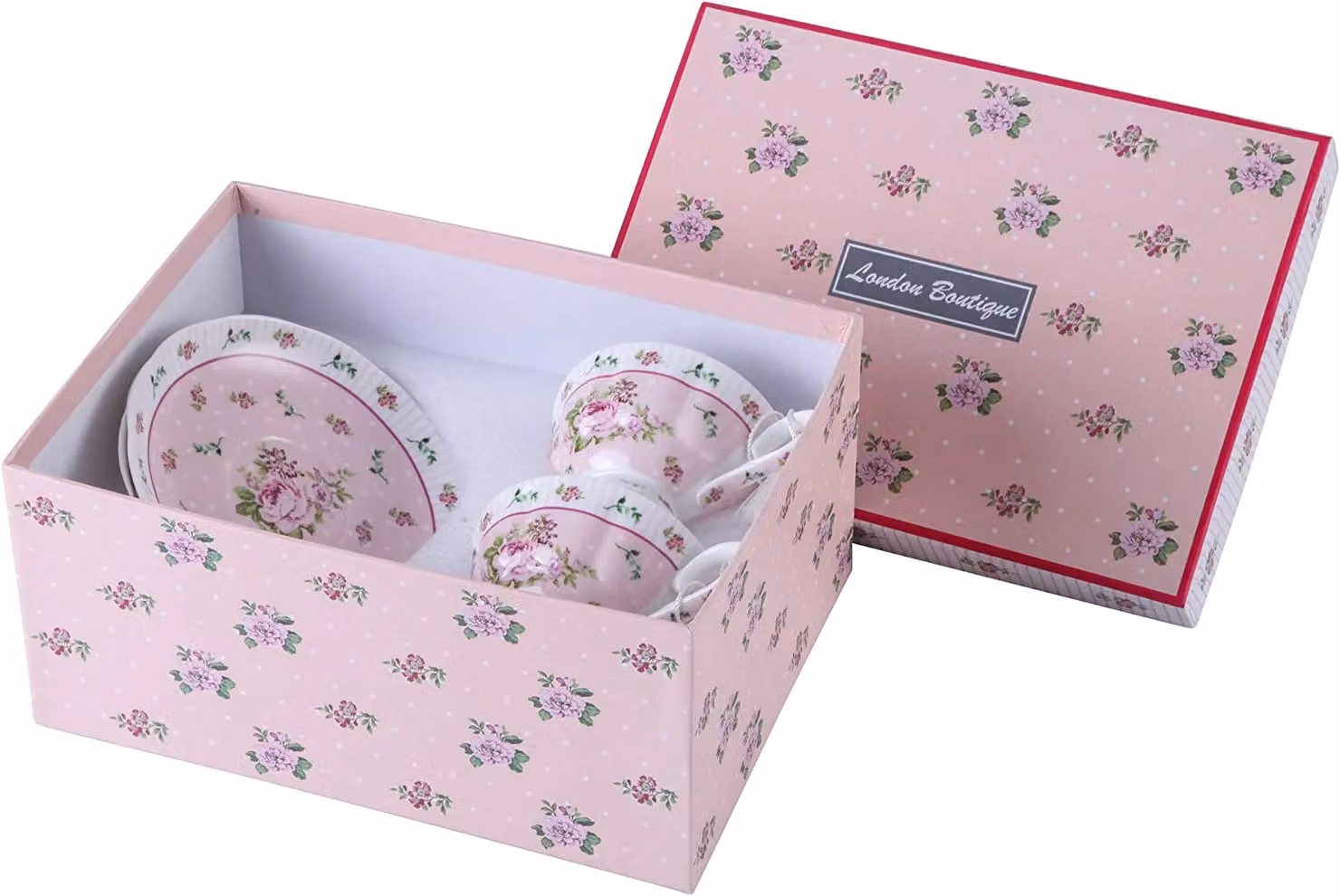 London Boutique Rose Pink Floral Porcelain Coffee and Tea Cup and Saucer Set of 2 – 3