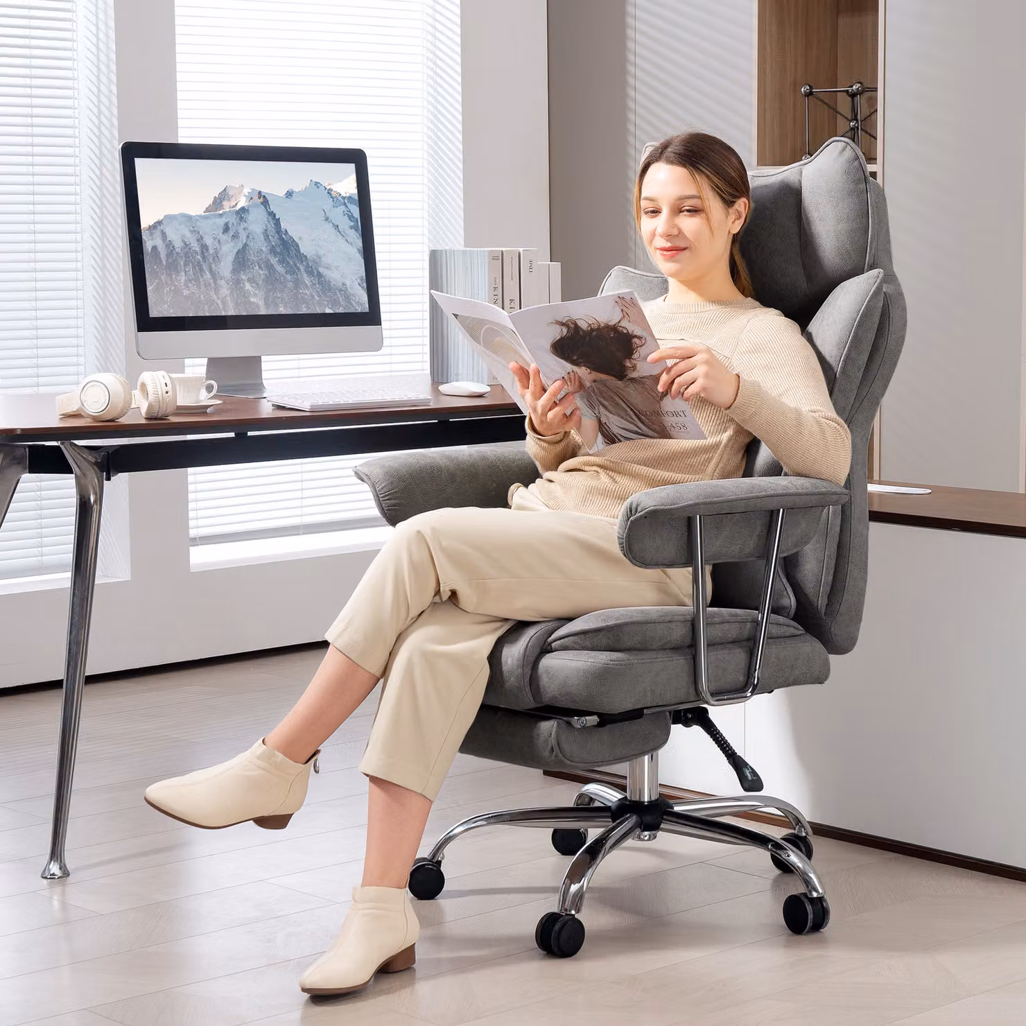 HOMCOM Leathaire Grey Fabric Reclining Executive Office Chair with Lumbar Support and Headrest – 2