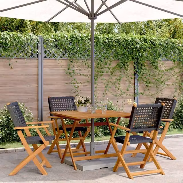 Berkfield Home 5 Piece Garden Dining Set in Black Poly Rattan and Acacia Wood