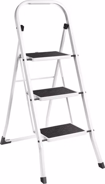 VonHaus 3 Step Steel Folding Step Ladder with Anti Slip Rubber Feet, White