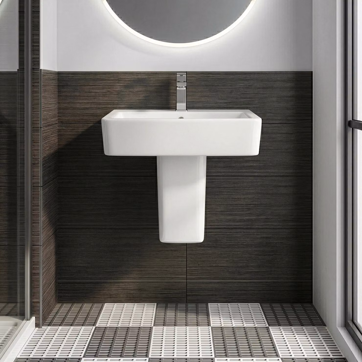 Balterley Square 1 Tap Hole Semi Pedestal Basin in White, W: 52 cm, D: 45 cm, H: 52 cm – 3