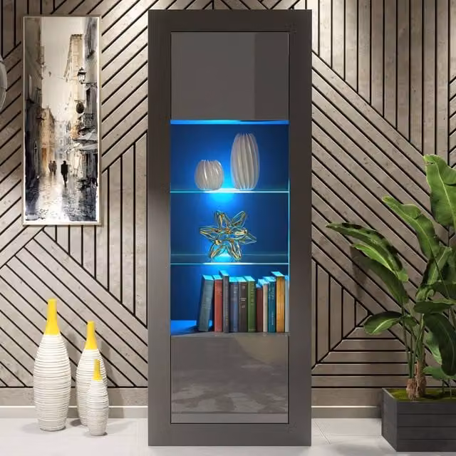 Creative Furniture Illume Modern Display Cabinet in Grey with Glossy Glass Doors and Integrated LED Lighting, H 170 x W 63 x D 35 cm