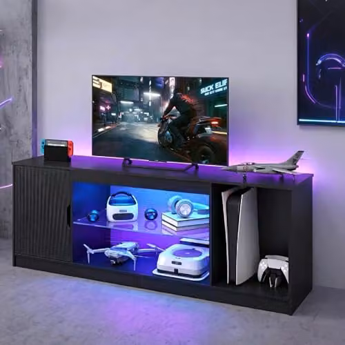 Levede Modern Black LED TV Stand with Glass Shelves and Remote Control, W: 145 cm, H: 52.5 cm, D: 40 cm – 1