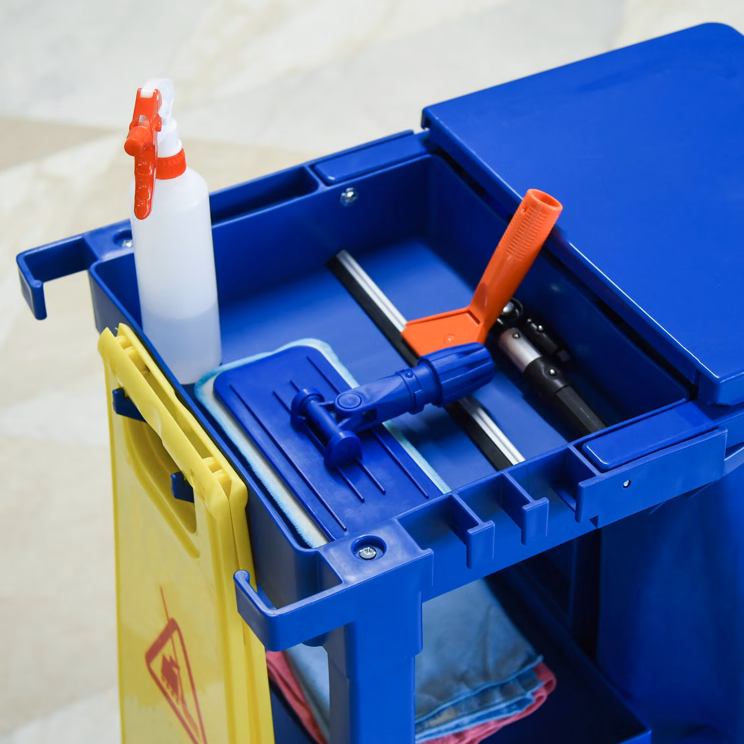 HOMCOM Blue Janitorial Trolley Housekeeping Utility Service Unit with 3 Tier Shelves, Rubbish Bag and Hooks – 7
