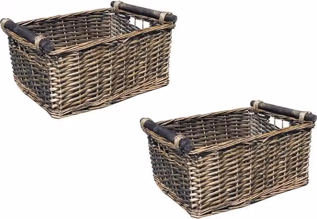 Topfurnishing Set of 2 Brown Rattan Wicker Log and Fireplace Storage Baskets with Handles, Diameter: 30 cm