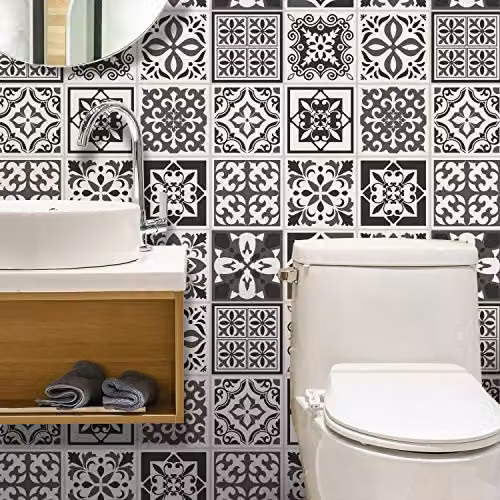 WALPLUS 24 Pcs Mediterranean Dark Grey Geometric Tile Stickers, Self-Adhesive Peel and Stick Vinyl Wall Decals, 15 cm x 15 cm – 5