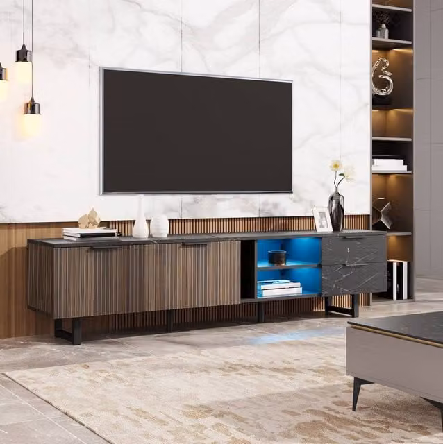 STILVORA Modern Black Matt TV Unit with 2 Doors, 2 Drawers and LED Lighting – 1
