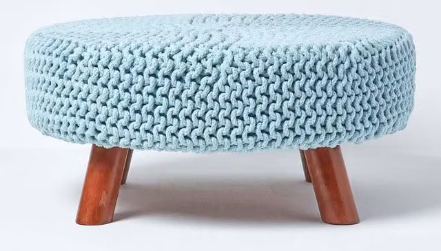 Homescapes Large Round Blue Cotton Knitted Footstool with Wooden Legs