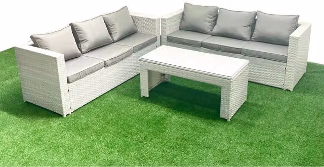 Fimous 6-Seater L-Shape Outdoor Rattan Sofa Set with Oblong Tempered Glass Coffee Table and Upholstered Cushions, Light Grey
