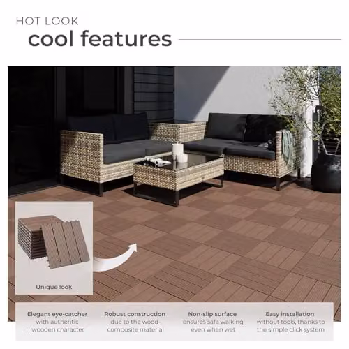 tectake 11-Piece WPC Decking Tile Set in Brown, 1.0571m² Total Area, 31 x 31 cm per Tile – 3