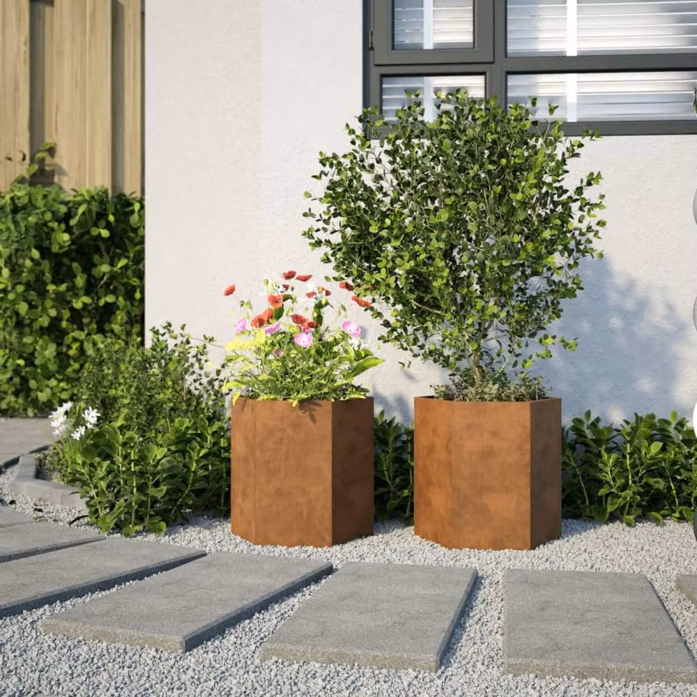 Berkfield Home Garden Hexagon Planter Set of 2, Brown Corten Steel, W: 46 cm, D: 40 cm, H: 45 cm – 2
