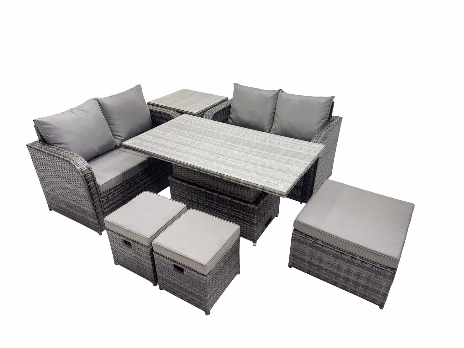 Fimous 7-Seater Rattan Garden Furniture Dining Set with 3 Stool Side Table in Dark Grey – 2