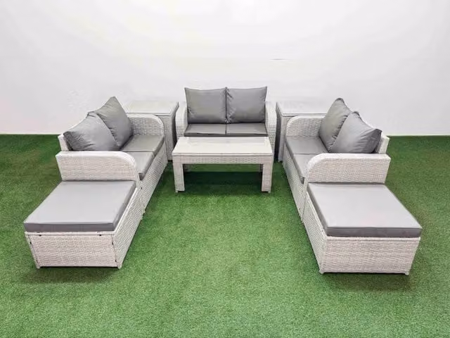 Fimous 8 Seater PE Wicker Rattan Garden Furniture Set in Light Grey with Oblong Coffee Table, 2 Seater Sofa, 2 Footstools and 2 Side Tables