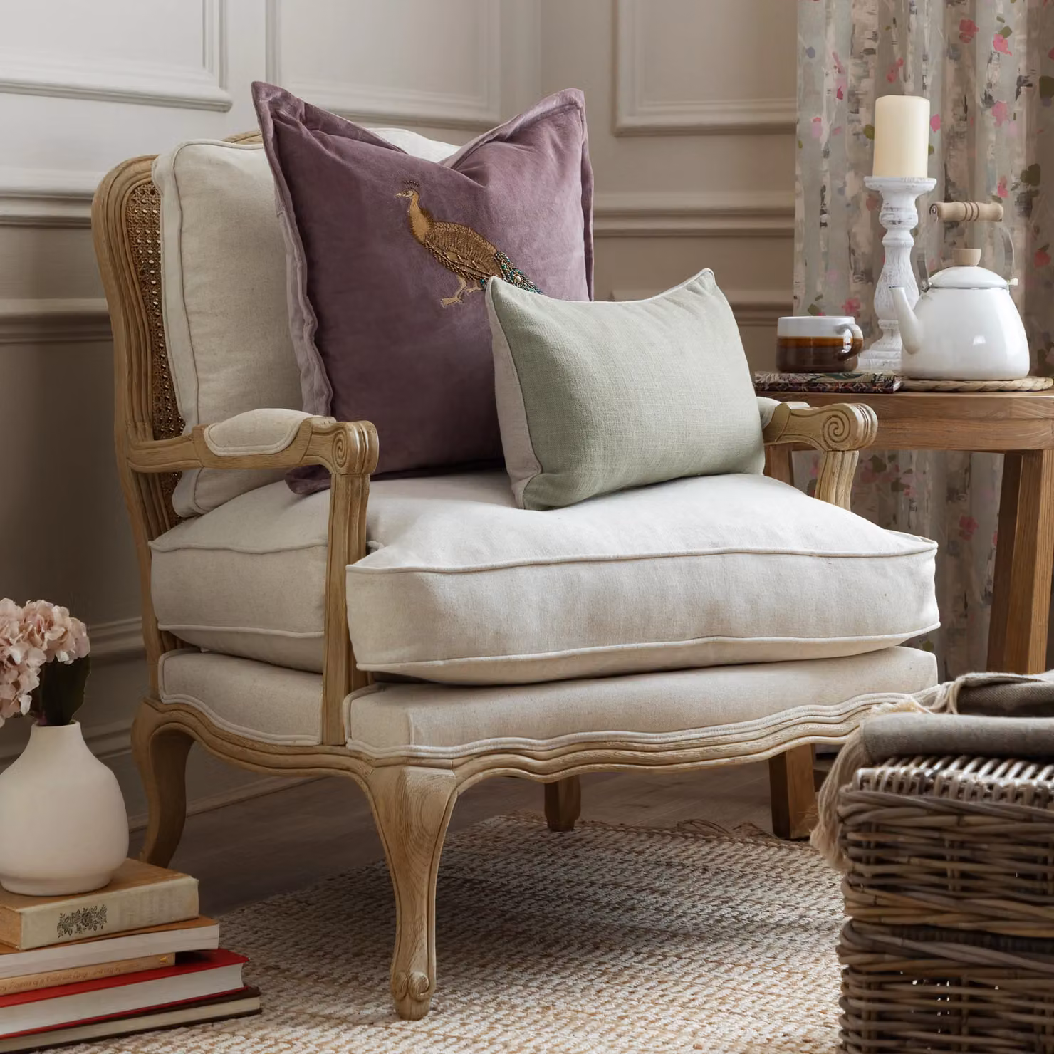 Voyage Maison Florence Country Chair in Walnut with Natural Linen Fabric in Stone and Beige – 2