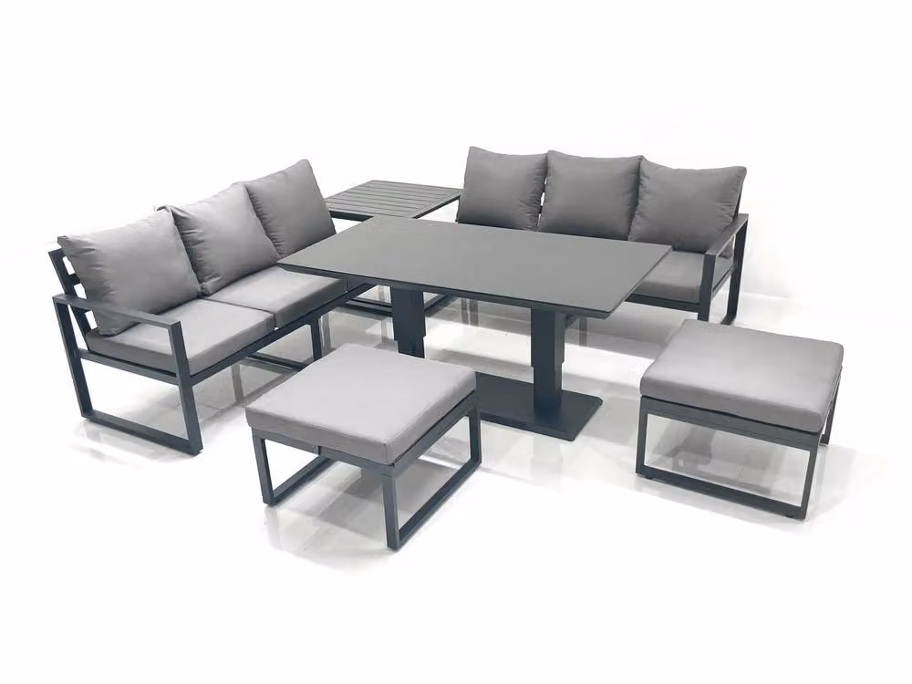 Fimous 8 Seater Aluminium Outdoor Garden Furniture Set in Dark Grey with Adjustable Rising Lifting Dining Table, 3 Seater Sofa, 2 Large Footstools and Side Table – 2