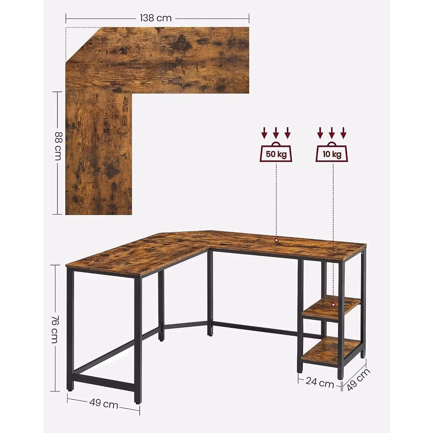 VASAGLE L-Shaped Corner Gaming Desk with 2 Storage Shelves in Brown – 2