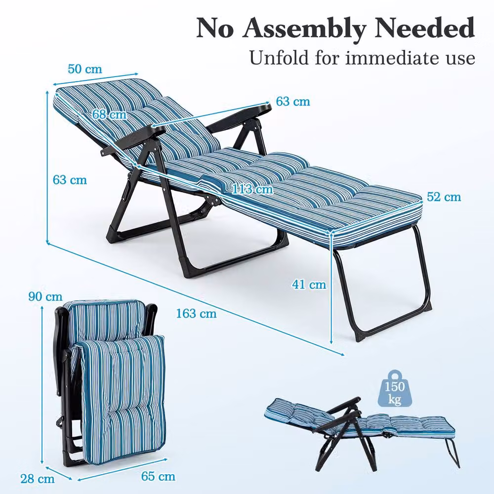 Gymax Foldable Garden Sun Lounger with Adjustable Headrest and Armrests in Blue Striped UV-Resistant Polyester – 2