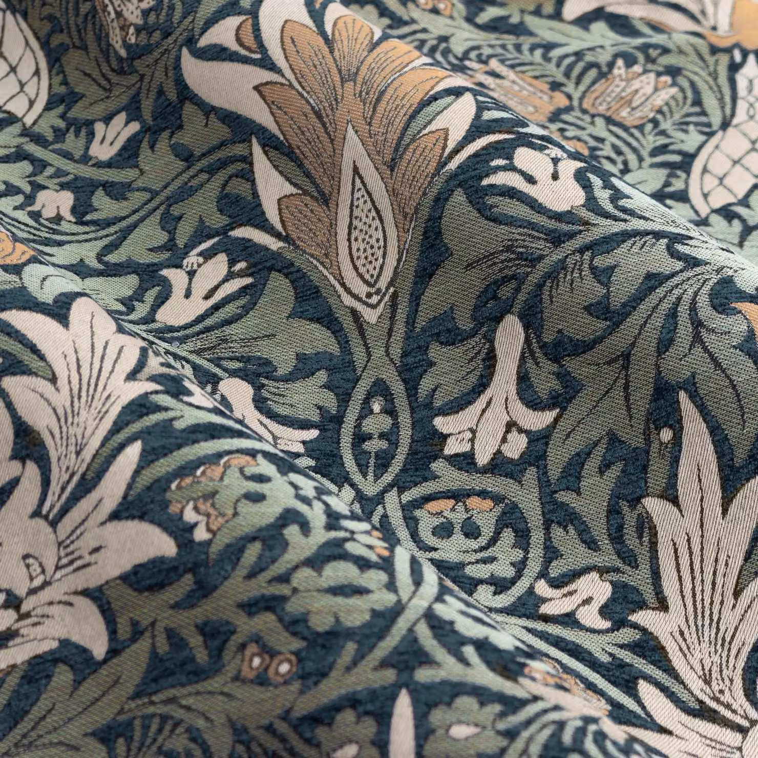 Morris & Co. Snakeshead Jacquard Chenille Pencil Pleat Room Darkening Curtains in Blue, Width: 168 cm, Drop: 229 cm – 5