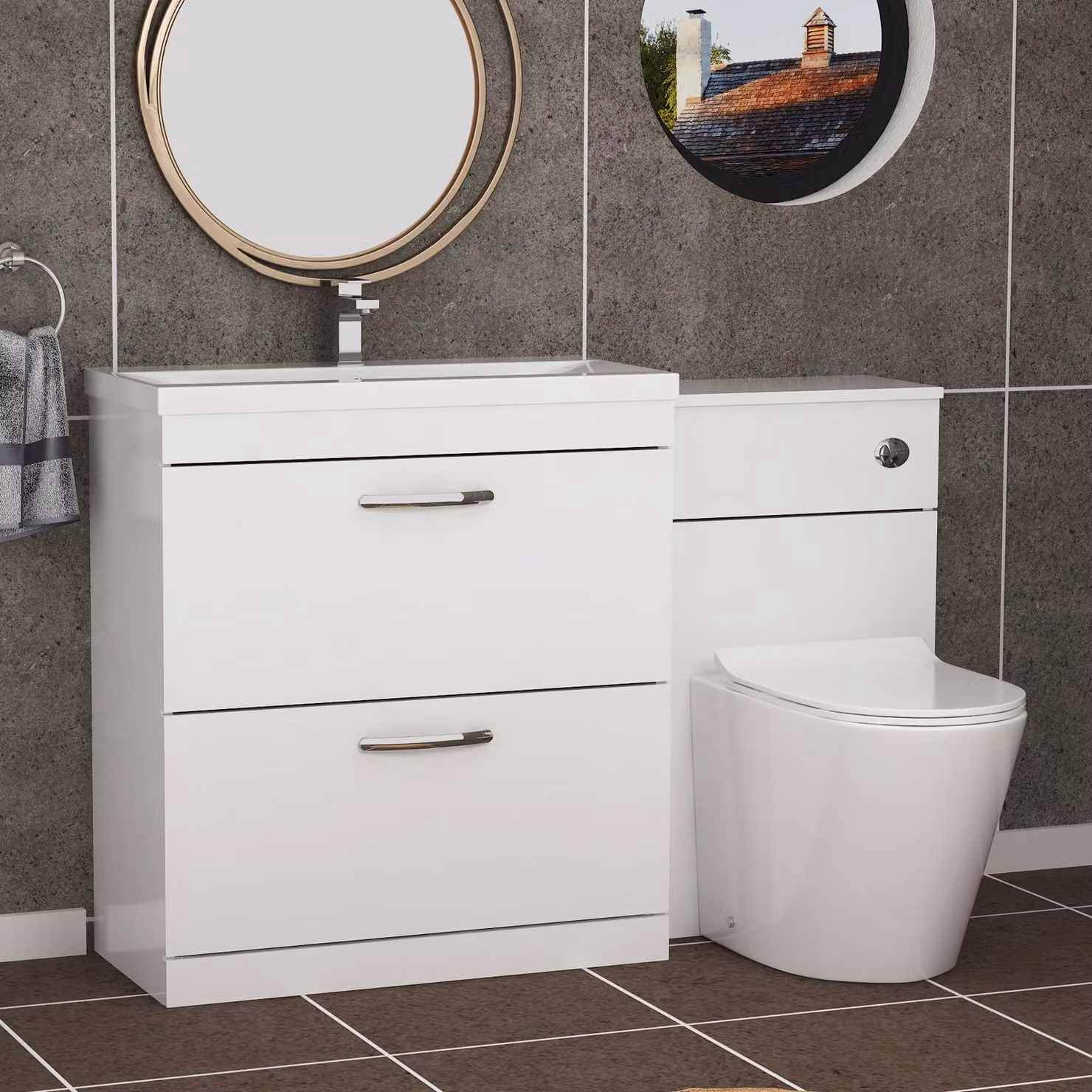 Royal Bathrooms ModernTurin Gloss White 2-Drawer Mid-Edge Basin and Cesar Back to Wall Toilet Pack, Width: 130 cm