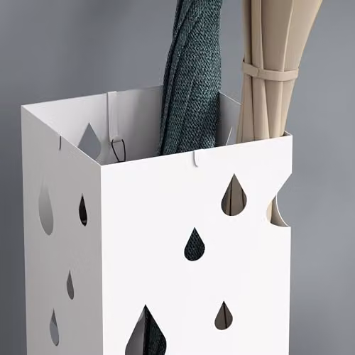 HOMCOM Metal Umbrella Stand with 4 Hooks and Removable Drip Tray, White – 7