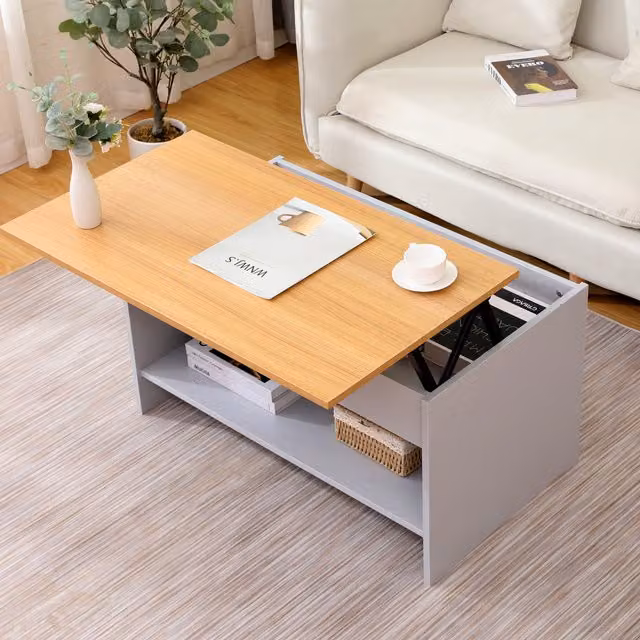 HMD Grey Modern Lift Up Coffee Table with Bottom Storage Shelf