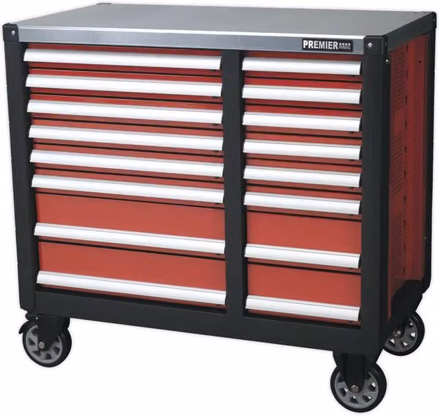 Loops 16 Drawer Mobile Workstation in Red and Multicolour with Worktop and Lockable Wheels