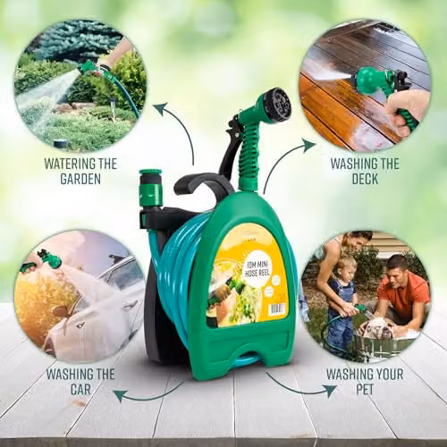 GloBrite Mini Wall-Mounted Hose Reel in Green with 10m Garden Hose Pipe, Spray Gun and Adjustable Nozzle – 8